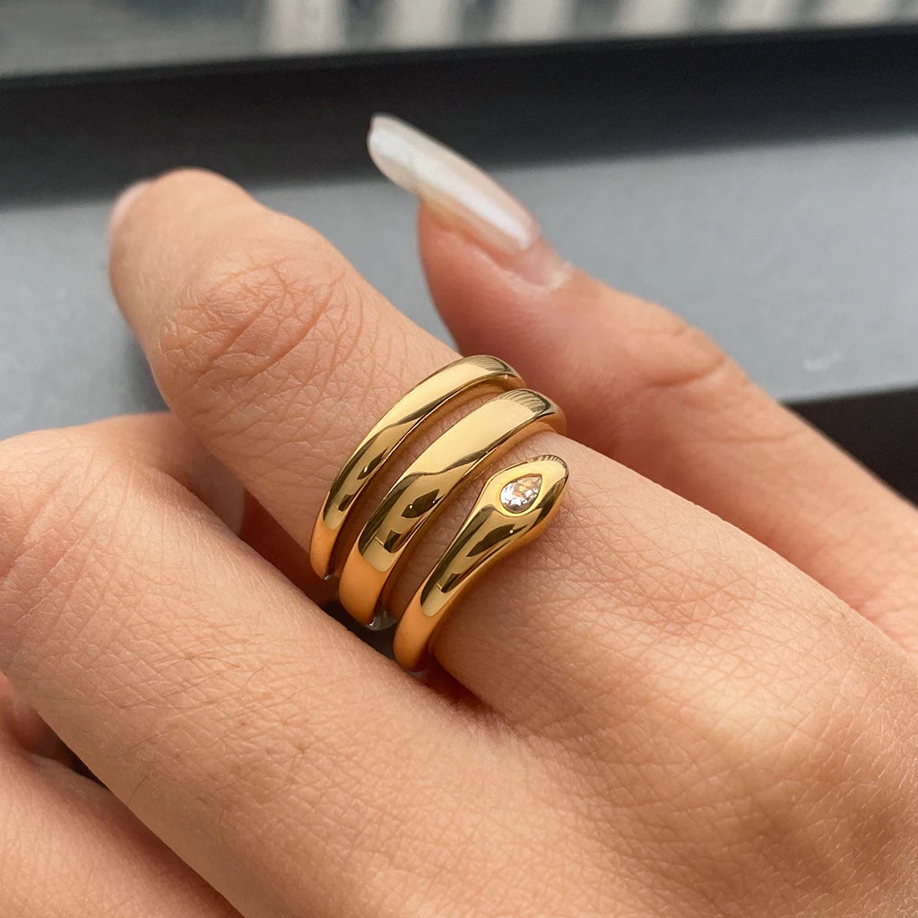 J&D 18K Gold Stainless Steel Snake Ring with Trendy Oval Cut Diamond for Wedding Engagement Anniversary Party Great Gift Idea