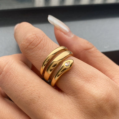 J&D 18K Gold Stainless Steel Snake Ring with Trendy Oval Cut Diamond for Wedding Engagement Anniversary Party Great Gift Idea