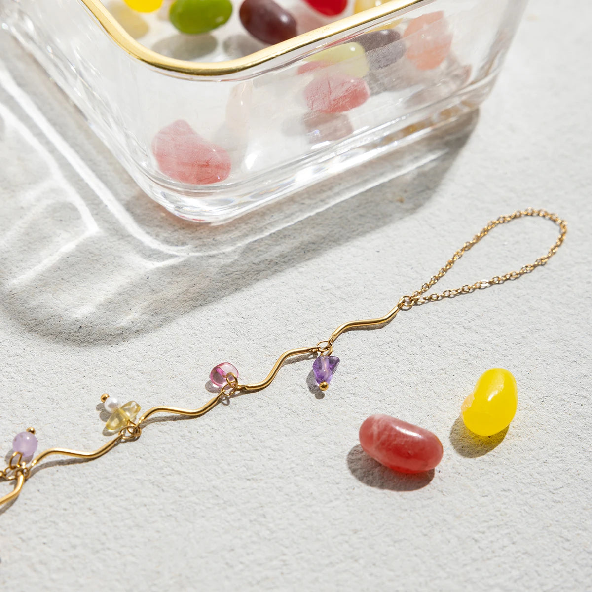 J&D Sweet 18K Gold Stainless Steel Colored Natural Stone Finger Bracelet for Women