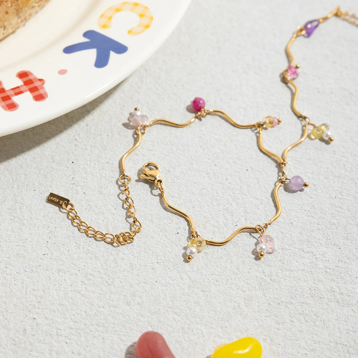 J&D Sweet 18K Gold Stainless Steel Colored Natural Stone Finger Bracelet for Women