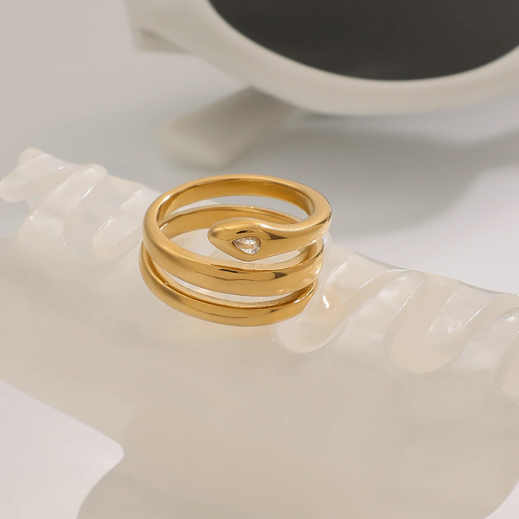 J&D 18K Gold Stainless Steel Snake Ring with Trendy Oval Cut Diamond for Wedding Engagement Anniversary Party Great Gift Idea