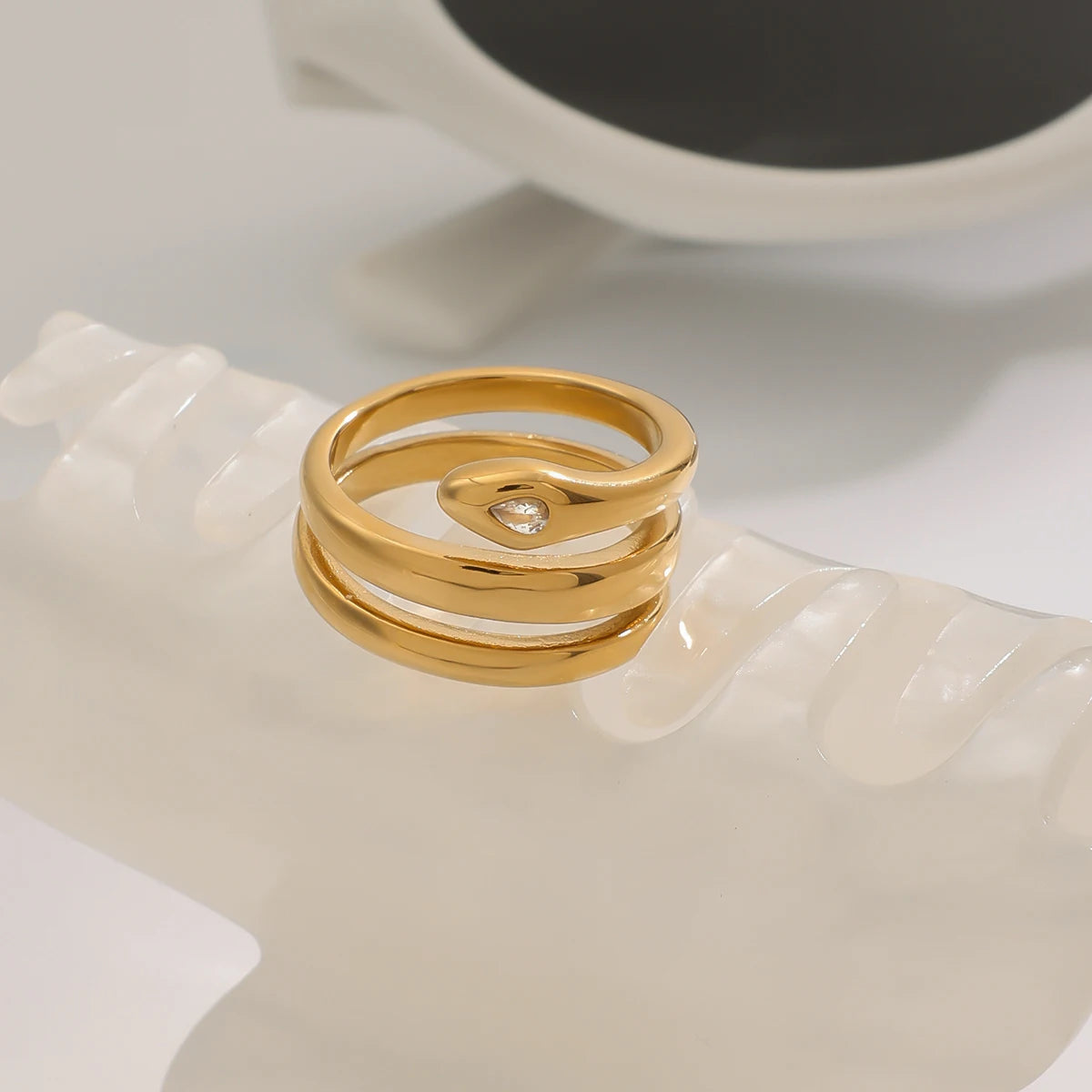 J&D 18K Gold Stainless Steel Snake Ring with Trendy Oval Cut Diamond for Wedding Engagement Anniversary Party Great Gift Idea