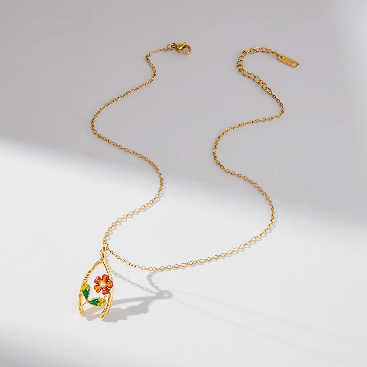 Flower Lucky Bone Wishbone Pendant Necklace