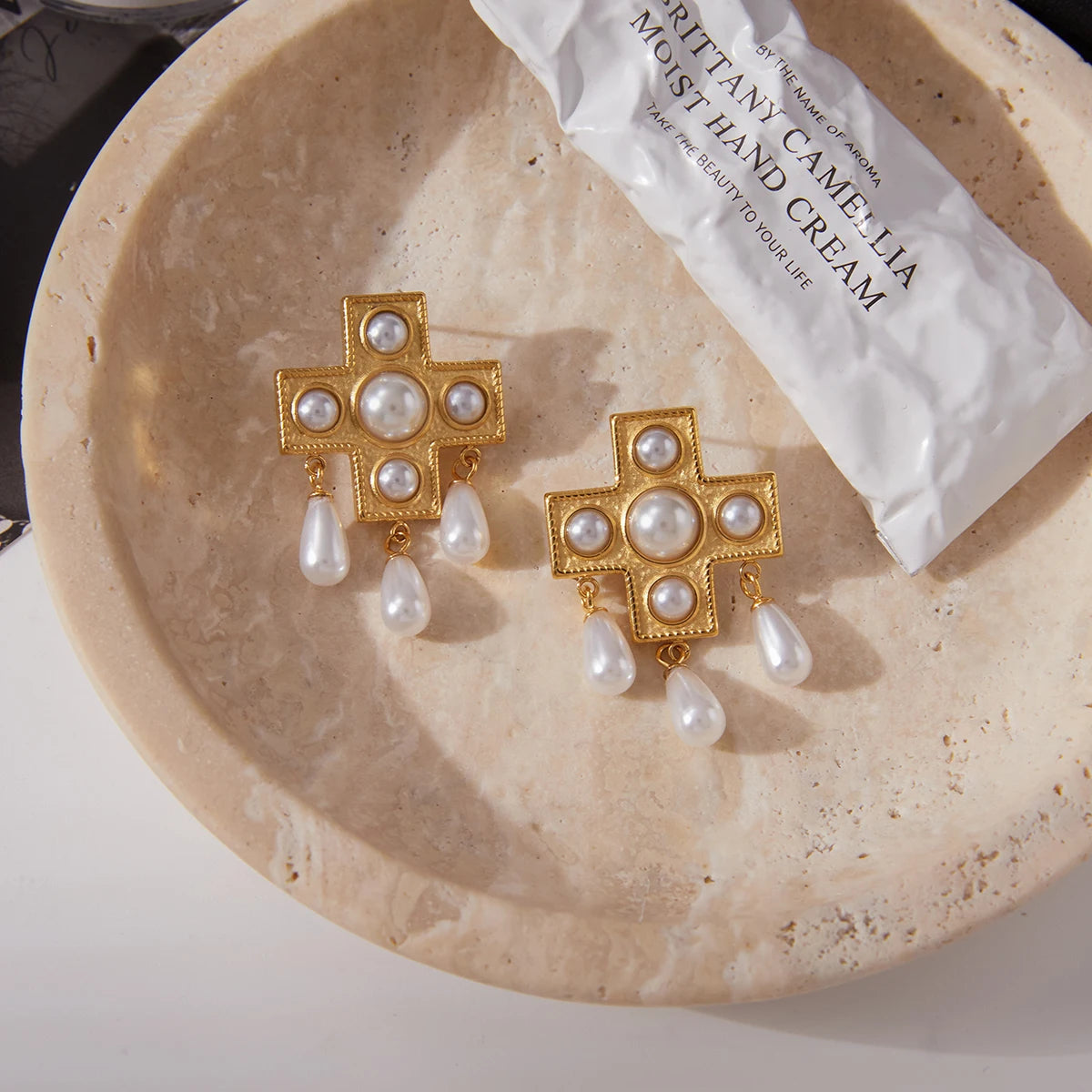 Cross Shaped Glass Pearl Drop Earring