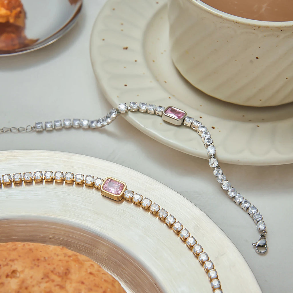 J&D 18K Gold Plate Stainless Steel Bracelet Trendy Sweet Romance Pink White Square Zircon Tennis Bracelets