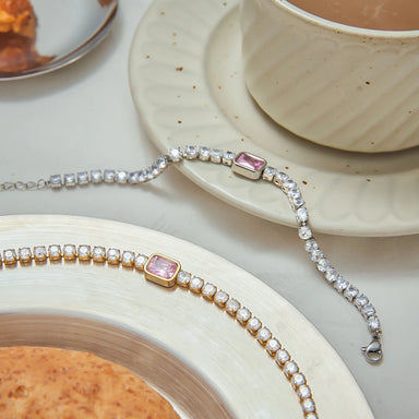 J&D 18K Gold Plate Stainless Steel Bracelet Trendy Sweet Romance Pink White Square Zircon Tennis Bracelets