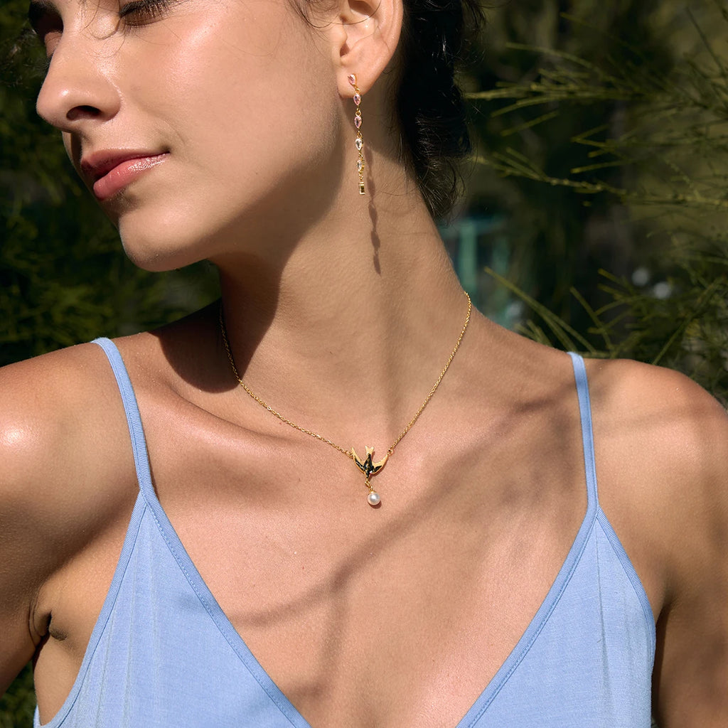J&D Jewelry Sweet Enamel Swallow Bird Dangle Earrings Gold Plated Stainless Steel Acrylic Pearl Drop Jewelry for Women