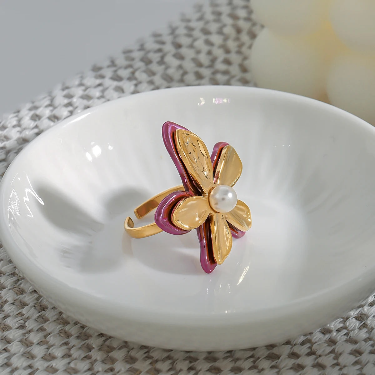 J&D 18K Gold Stainless Steel Adjustable Trendy Romantic Jewelry Pink Enamel Glass Pearl Flower Open Ring