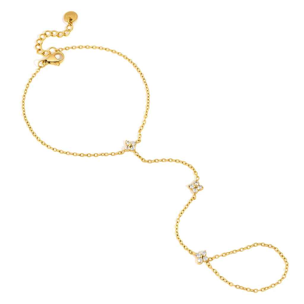 J&D Classic Lucky Leaf Zircon Hand Bracelet 18K Gold Stainless Steel Fashion Zircon Four Leaf  Double Layer Bracelet