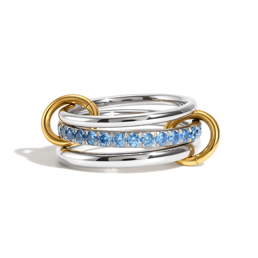 J&D Jewelry Two Tone Stainless Steel Three Layer Ring with Blue Cubic Zirconia Stackable Band Ring for Women