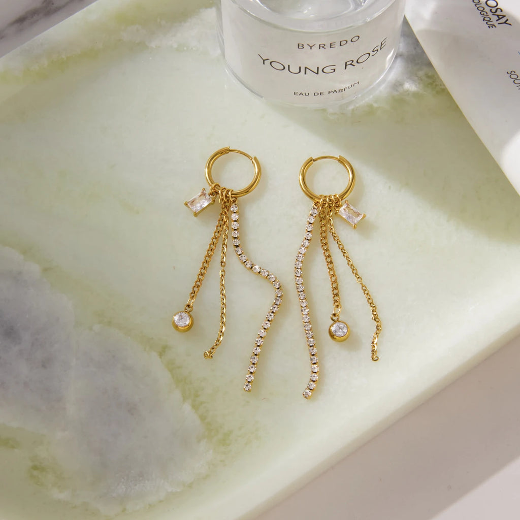 J&D Jewelry 18K Gold Plated Stainless Steel Square Zirconia Tassel Earrings for Women White Rhinestone Chain Dangle Jewelry