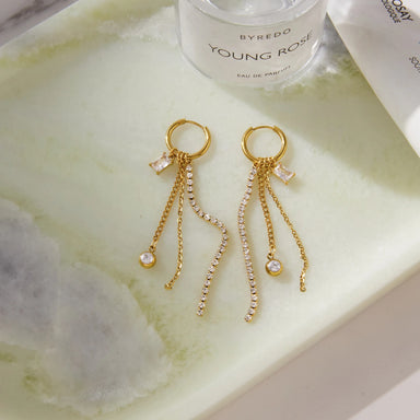 J&D Jewelry 18K Gold Plated Stainless Steel Square Zirconia Tassel Earrings for Women White Rhinestone Chain Dangle Jewelry