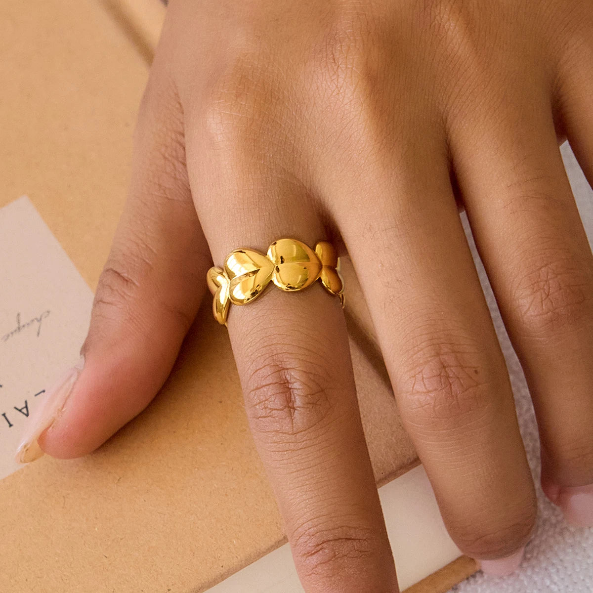J&D 18K PVD Gold Plate Stainless Steel Rings Waterproof Trendy Sweet Heart-shaped Adjustable Open Ring