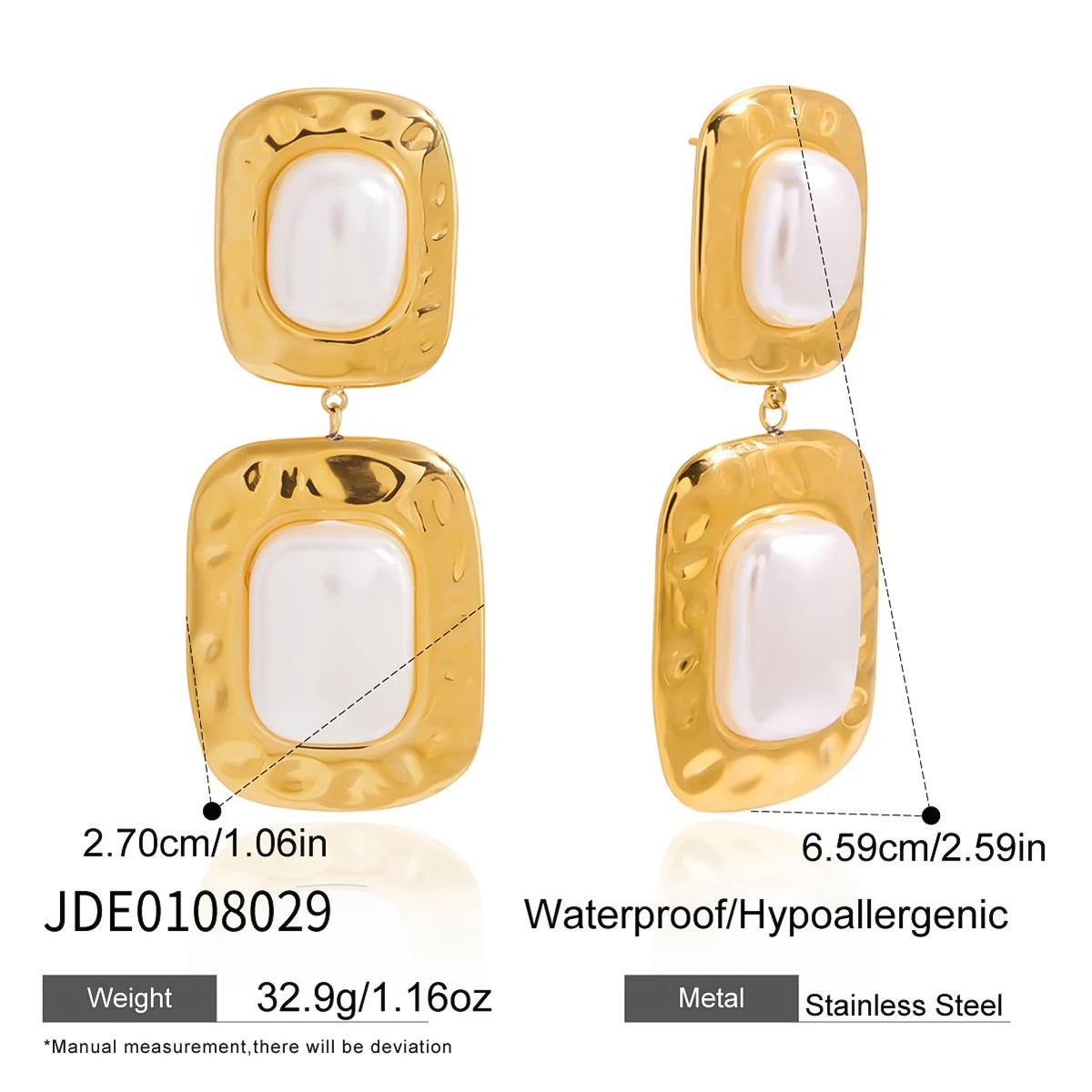 White Pearl Cab Hammer Texture Square Layer Drop Earrings
