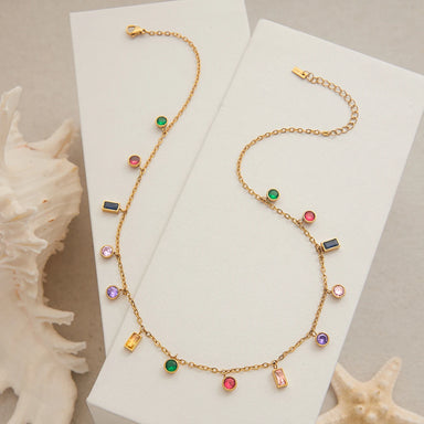J&D 18K Gold Plated Stainless Steel Durable Chain Necklace with Multi-Color Crystal Zircon Pendant Hypoallergenic Jewelry Gift