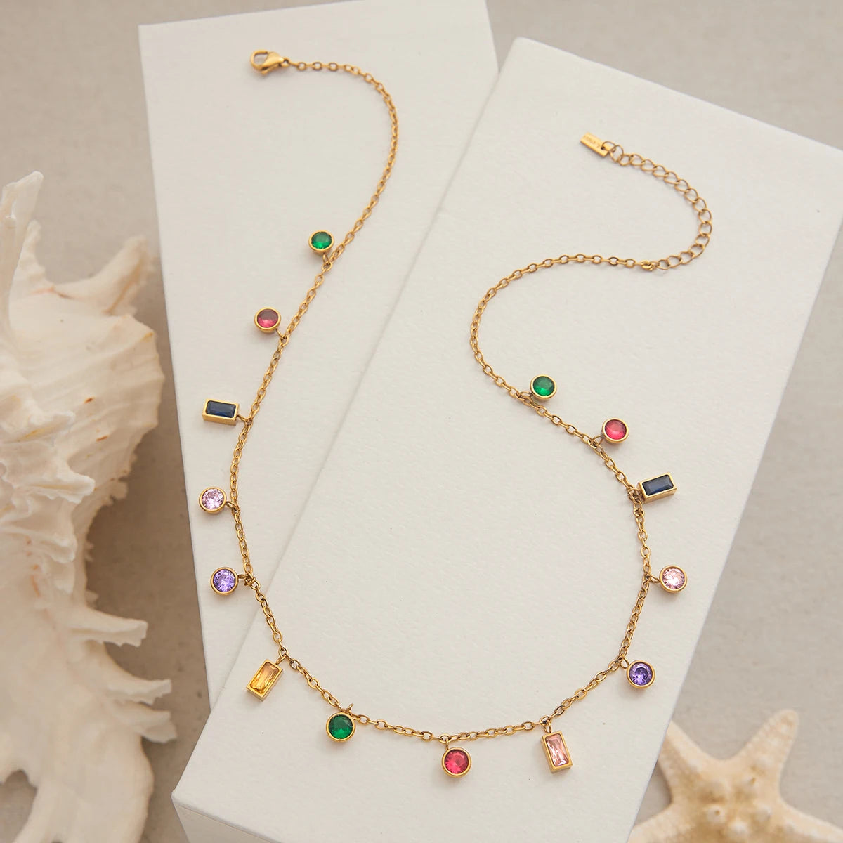 J&D 18K Gold Plated Stainless Steel Durable Chain Necklace with Multi-Color Crystal Zircon Pendant Hypoallergenic Jewelry Gift