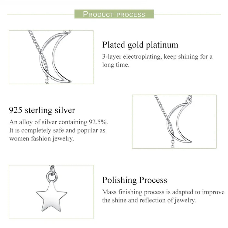 925 Sterling Silver Moon and Star Tales Chain Link Pendant Necklace Fine Jewelry with Zircon for Women for Wedding Gift SCN108