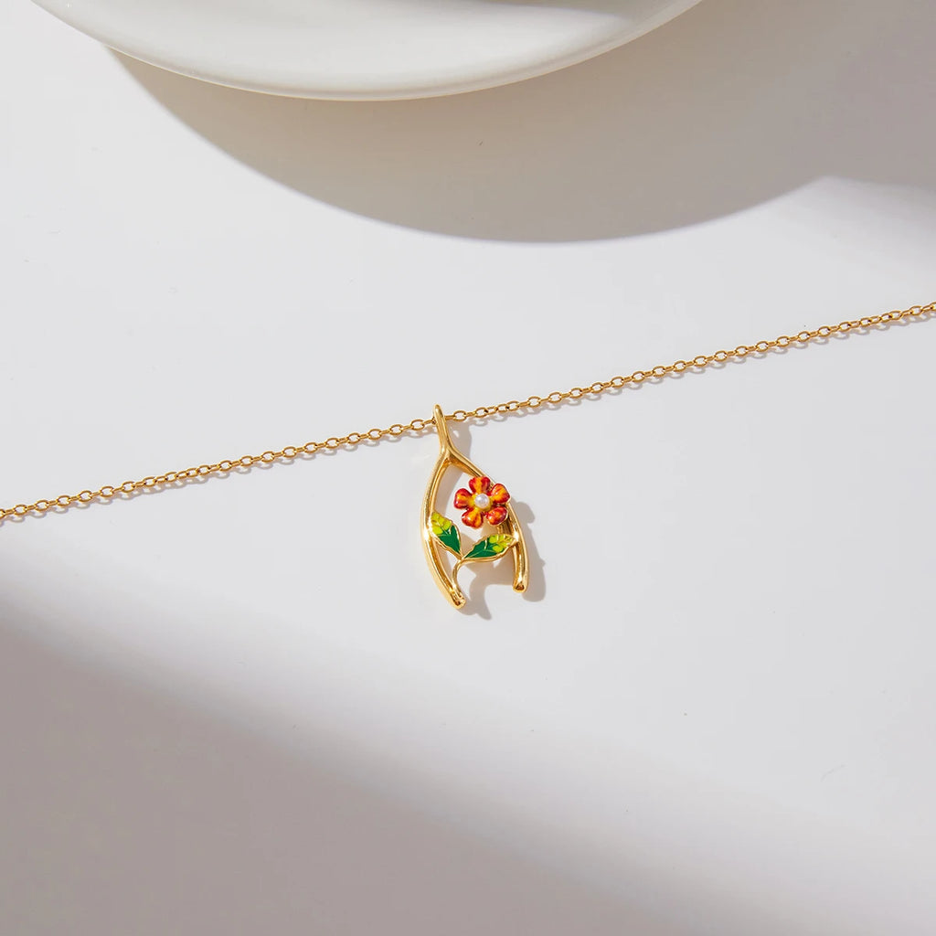 Flower Lucky Bone Wishbone Pendant Necklace