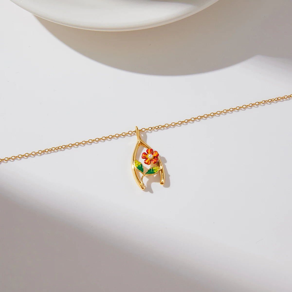 Flower Lucky Bone Wishbone Pendant Necklace