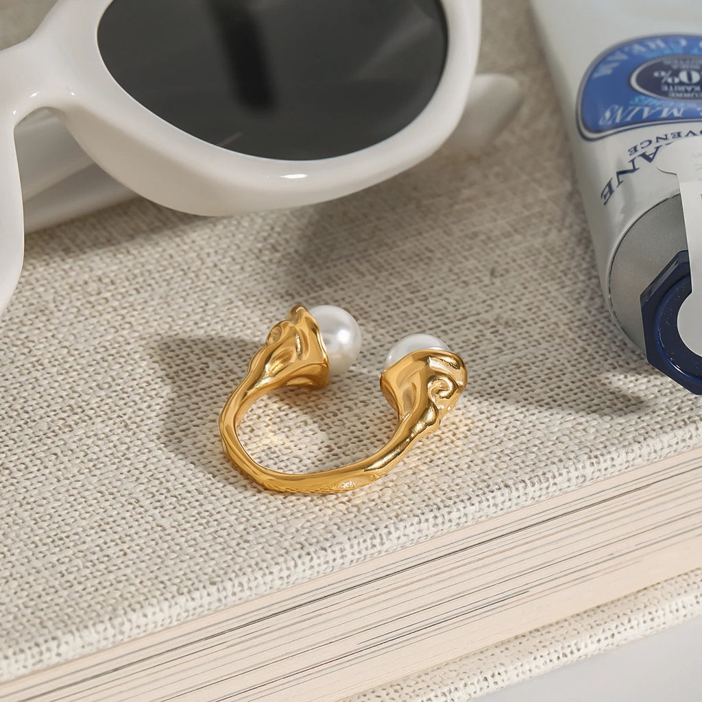 J&D 18K Gold Stainless Steel Adjustable Elegant Modern Jewelry  Pearl Textured Hammered Open Ring