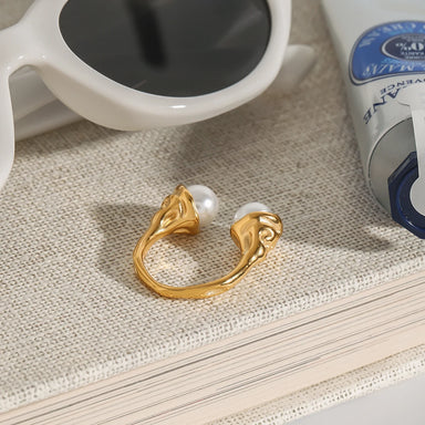 J&D 18K Gold Stainless Steel Adjustable Elegant Modern Jewelry  Pearl Textured Hammered Open Ring