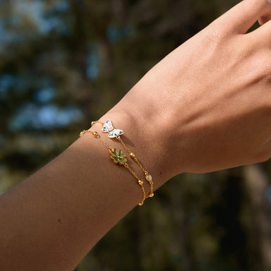 J&D Jewelry 18K Gold Plated Stainless Steel Enamel Clover Butterfly Double Layer Bracelet with Zircon for Women