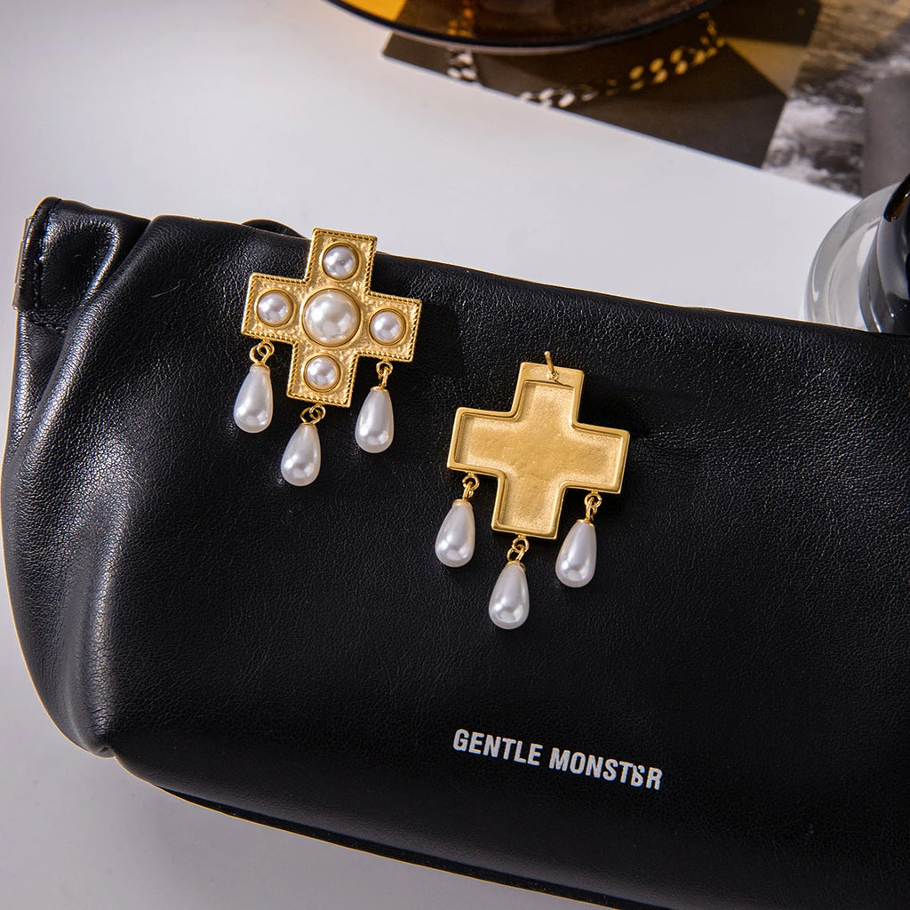 Cross Shaped Glass Pearl Drop Earring