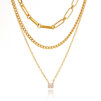 Three Layers Cuban Paper Clip O Shape Chain Necklace