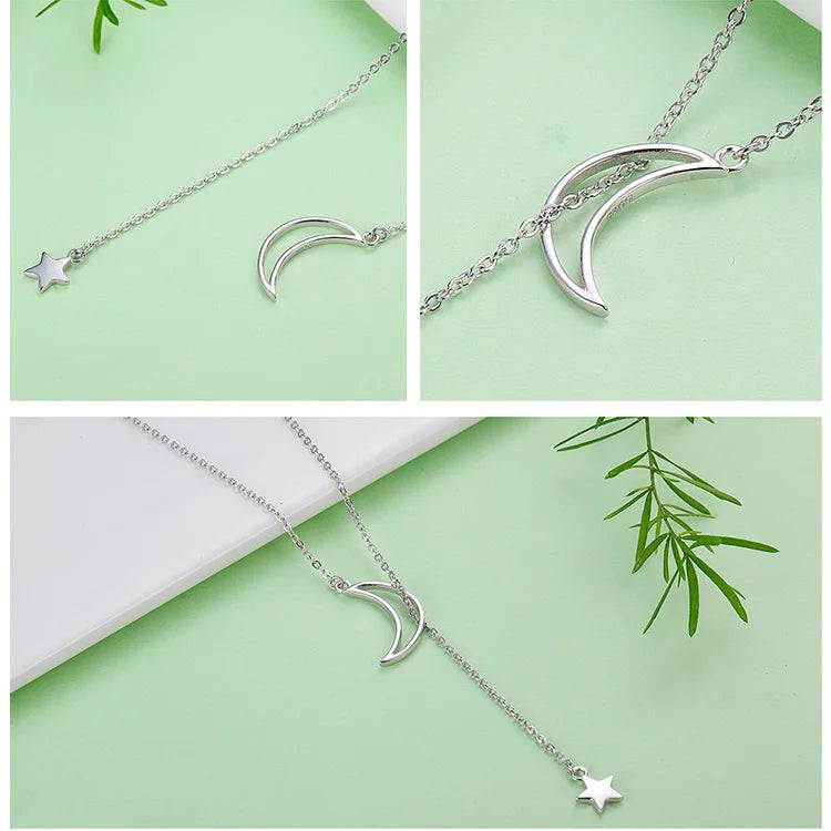 925 Sterling Silver Moon and Star Tales Chain Link Pendant Necklace Fine Jewelry with Zircon for Women for Wedding Gift SCN108