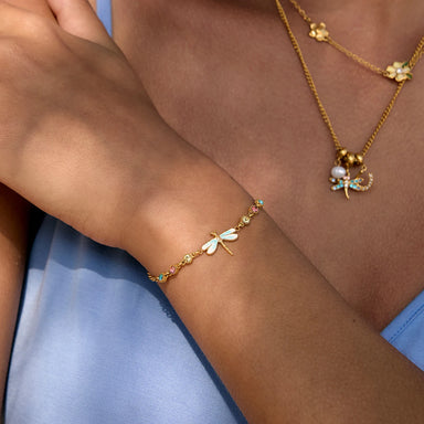 J&D Jewelry 18K Gold Plated Stainless Steel Blue Enamel Dragonfly Bracelet with Yellow Pink Blue Rhinestone for Women