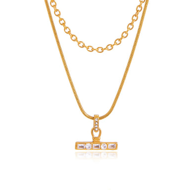 J&D Jewelry Layered Snake Cable Chain Necklace with Rhinestone T Bar Pendant for Women Daily Wear