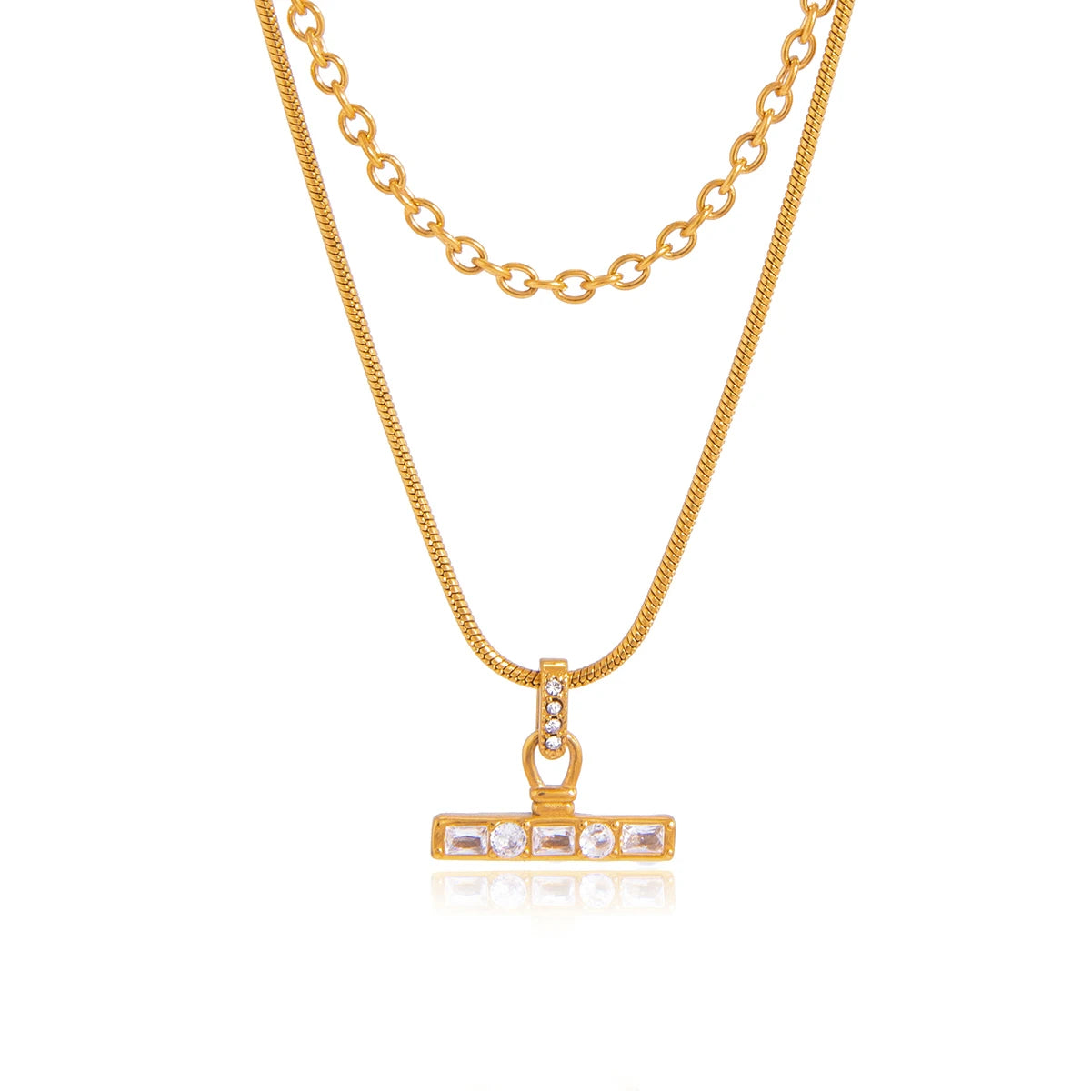 J&D Jewelry Layered Snake Cable Chain Necklace with Rhinestone T Bar Pendant for Women Daily Wear
