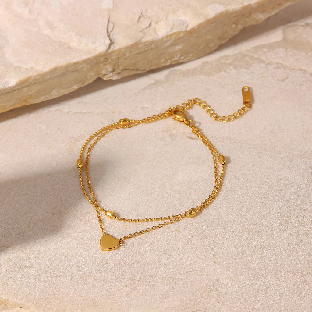 18K Gold Plated Stainless Steel Love Heart Pendant Oval Bead Chain Double Layer Daity Anklets