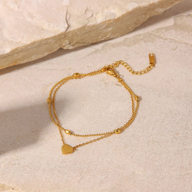 18K Gold Plated Stainless Steel Love Heart Pendant Oval Bead Chain Double Layer Daity Anklets