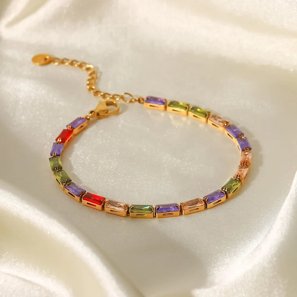 18k Gold Plated Mixed Color  Cubic Zirconia Stainless Steel  Gemstone Bracelets Women Jewelry