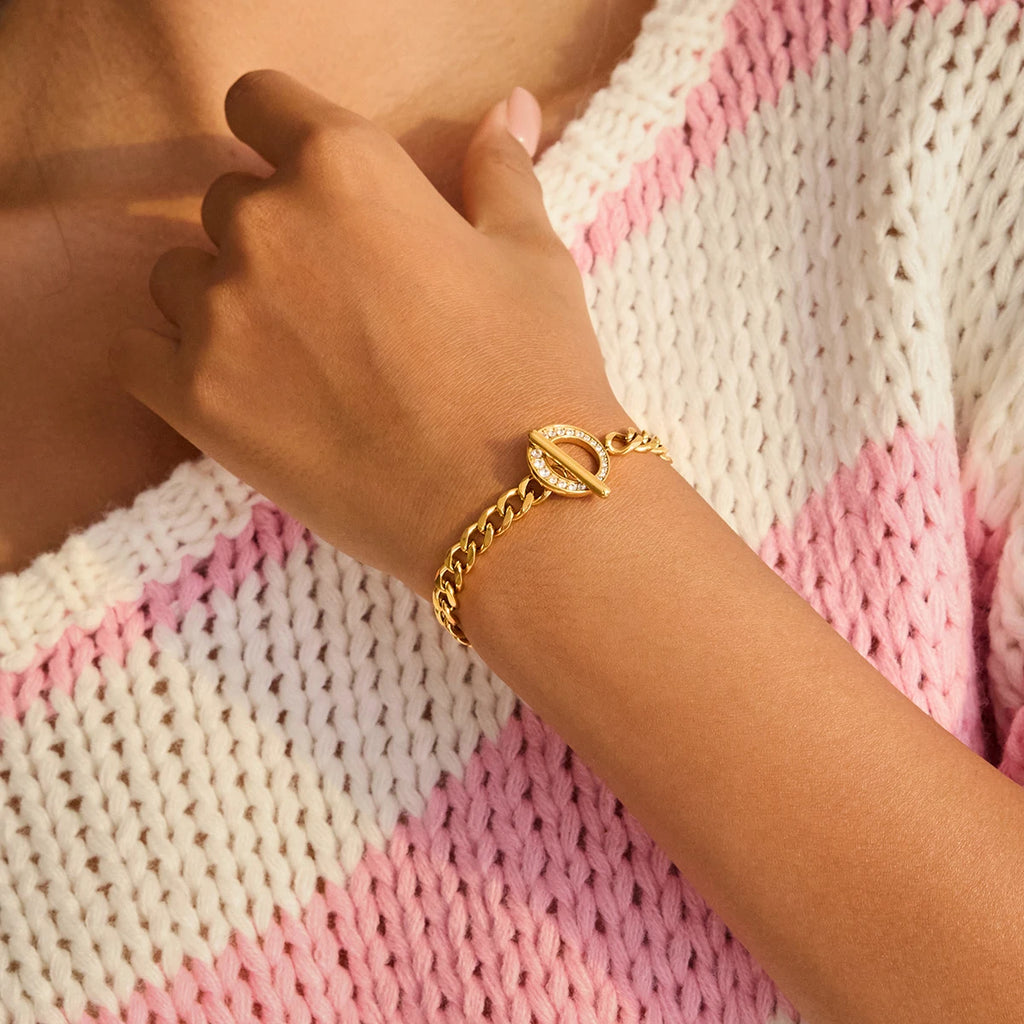 J&D Classic 18K Gold Plated Stainless Steel Zircon OT Buckle Chain Bracelet Decoration Fashion Jewelry