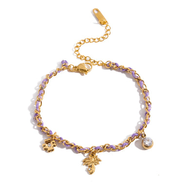 J&D 18K Gold Plate Stainless Steel Bracelet Waterproof Coconut Tree Charm Rhinestone Purple Rope Bracelet