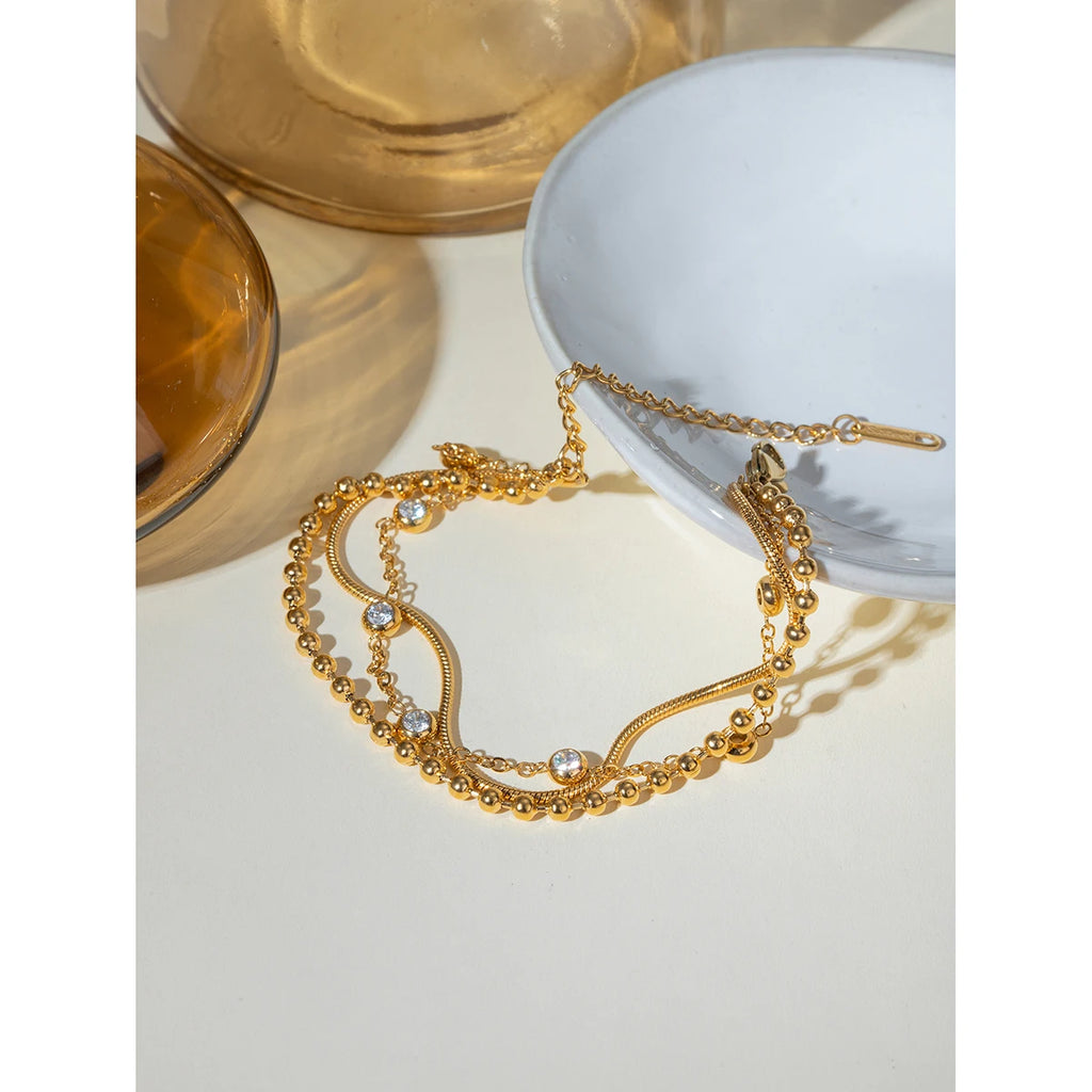 J&D 18K Gold Plated Stainless Steel Multi-layer Cubic Zirconia Bracelet, 18+5cm