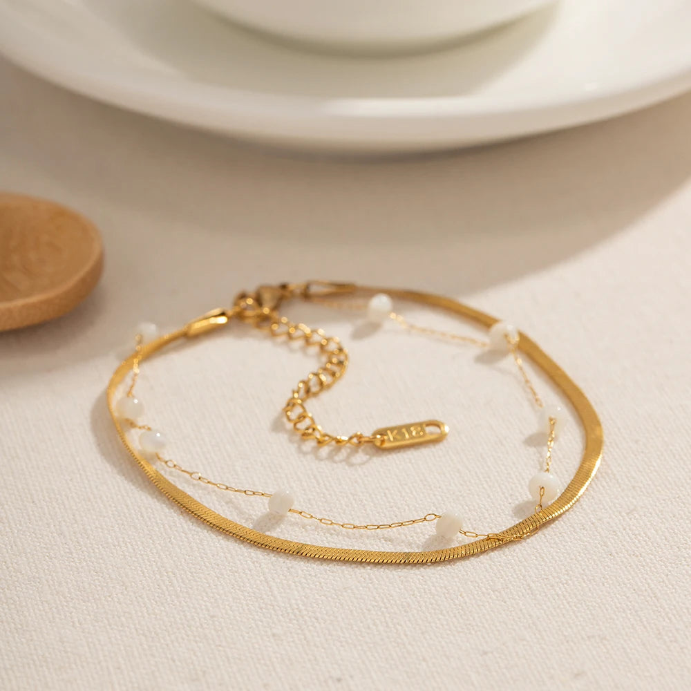 J&D Luxury Stainless Steel Gold Round Shell Pearl Snake Anklet Blade Flat Encryption Chain Anklet