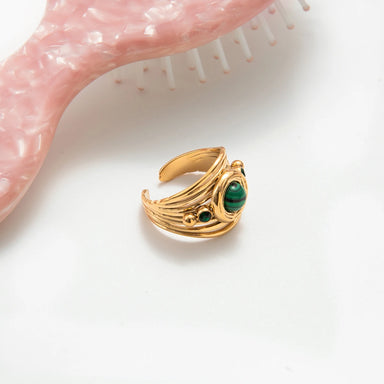 J&D 18K Gold Plated Stainless Steel Ring Malachite Multi-Layer Hollow-Out Open Ring Jewelry for Women