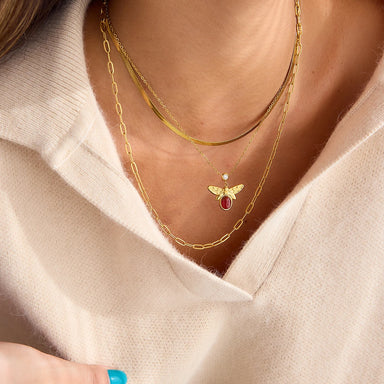 Red Agate Bee White Zircon Three-Layer Necklace