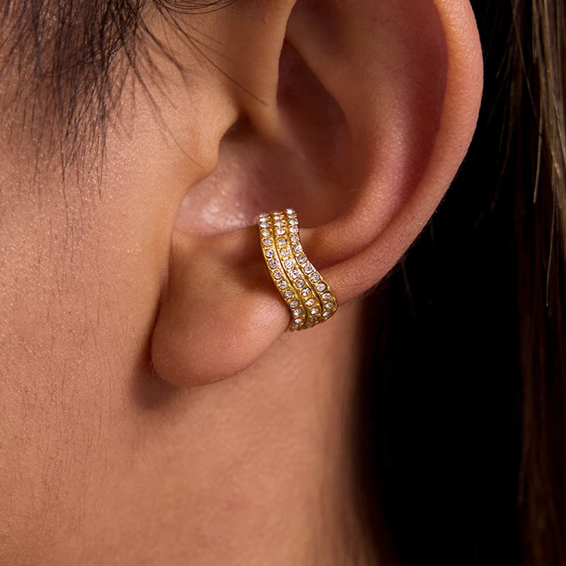 Three-layer White Rhinestone Wave Ear Clips