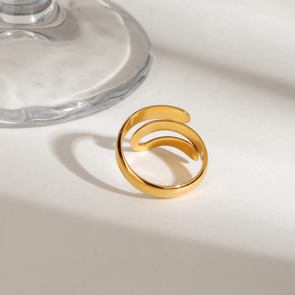 J&D Trendy 18K Gold Stainless Steel Opening Ring Modern Geometric Liner with Irregular Oval Cut Diamond Fashionable Rings