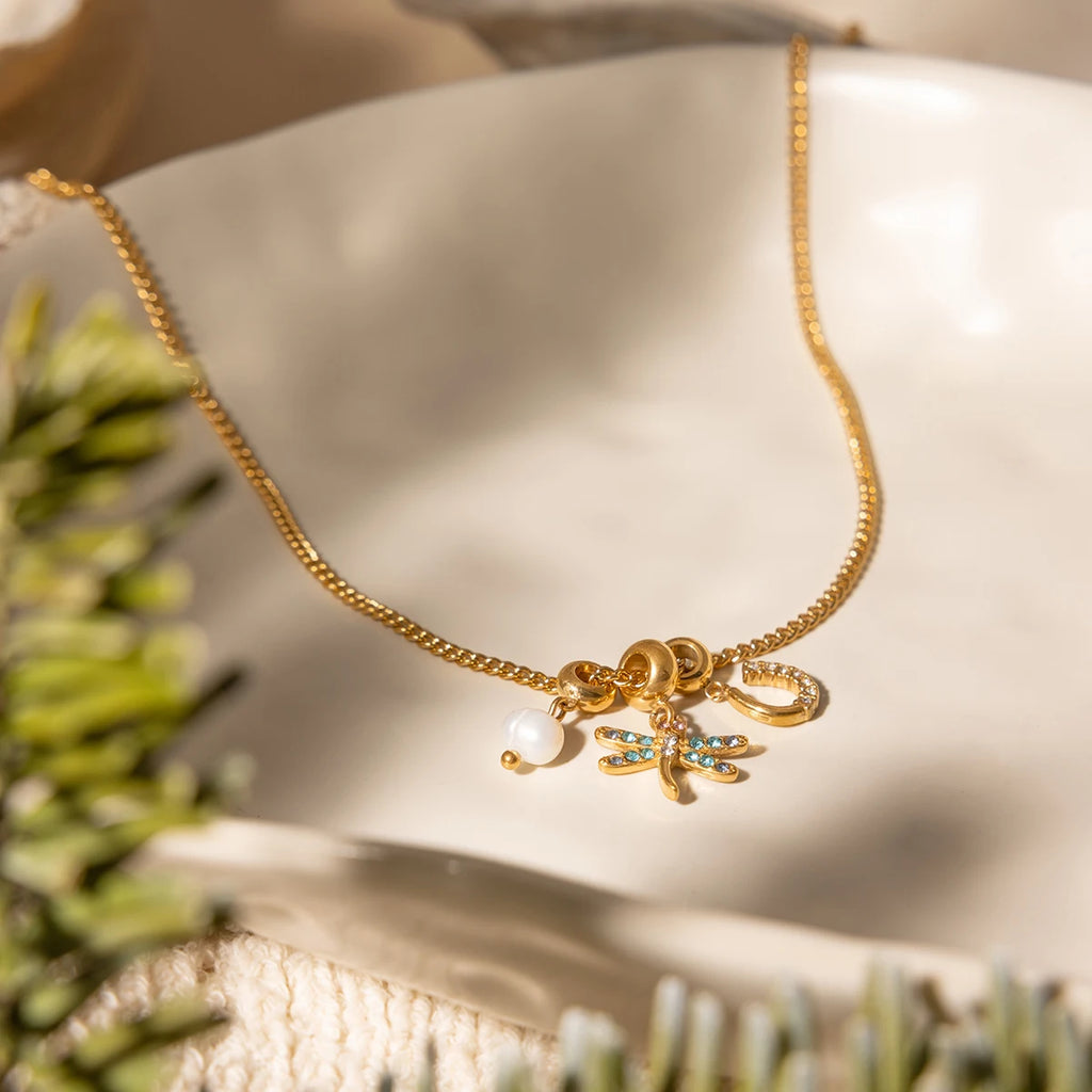 J&D Jewelry 18K Gold Plated Stainless Steel Freshwater Pearl and Zircon Dragonfly Horseshoe Charm Necklace for Women