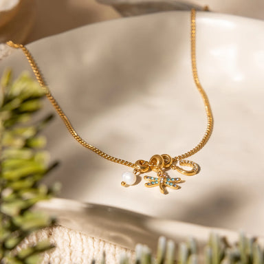 J&D Jewelry 18K Gold Plated Stainless Steel Freshwater Pearl and Zircon Dragonfly Horseshoe Charm Necklace for Women