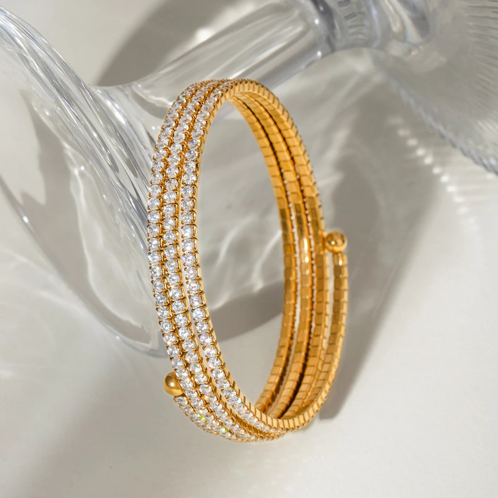 J&D 18k Gold Stainless Steel White Zircon Full Zircon Triple Layer Bracelet Luxurious Style Party Wearing