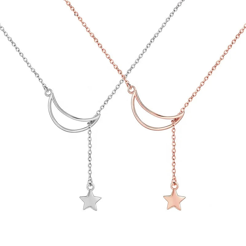 925 Sterling Silver Moon and Star Tales Chain Link Pendant Necklace Fine Jewelry with Zircon for Women for Wedding Gift SCN108