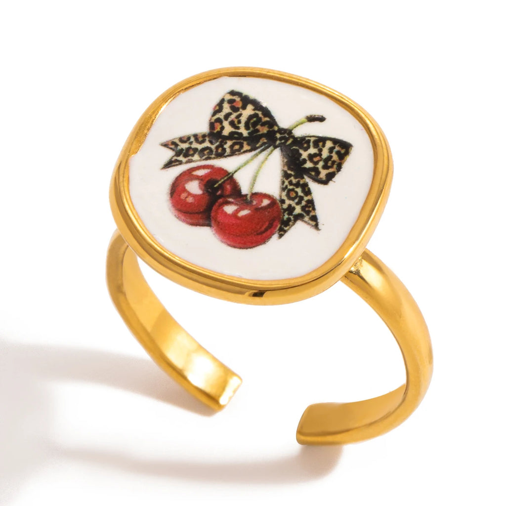 J&D 18K Gold Stainless Steel  Sweet and Romantic Jewelry Ring Cherry Drop Oil Printing Adjustable Open Ring