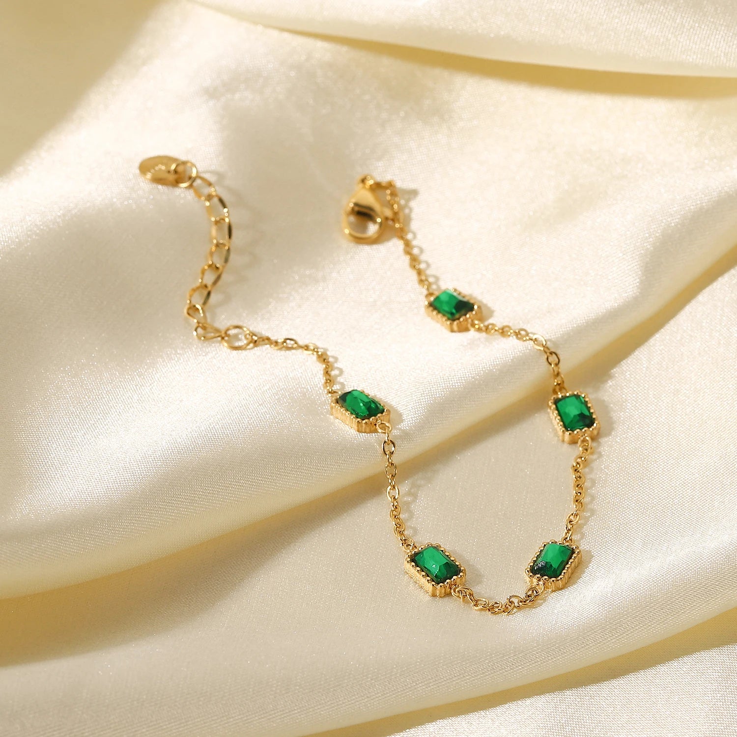 14K Gold Plated Stainless Steel Fine Chain Cubic Zirconia Jewelry Mulit Green Rectangle Bracelet
