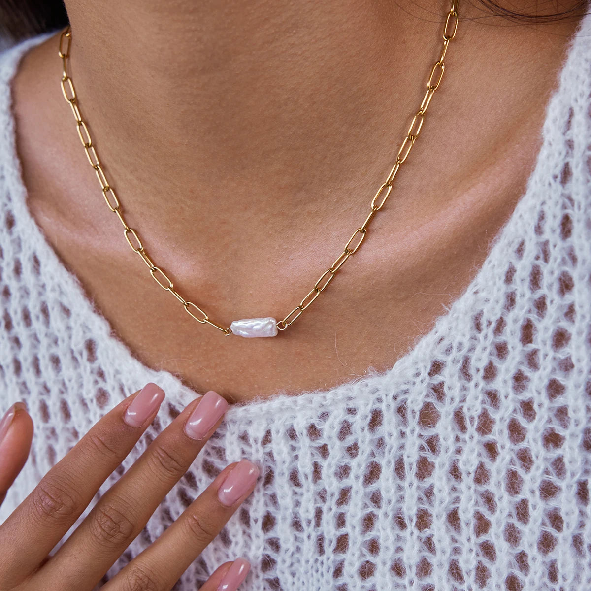 Freshwater Pearl Paperclip Chain Necklace